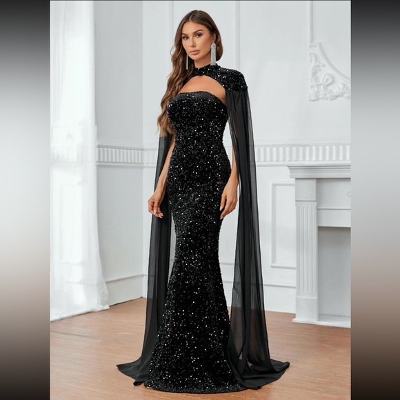 Glitter Sequin Tube Mermaid Dress & Cloak Sleeve Mesh Cape - Picture 6 of 11